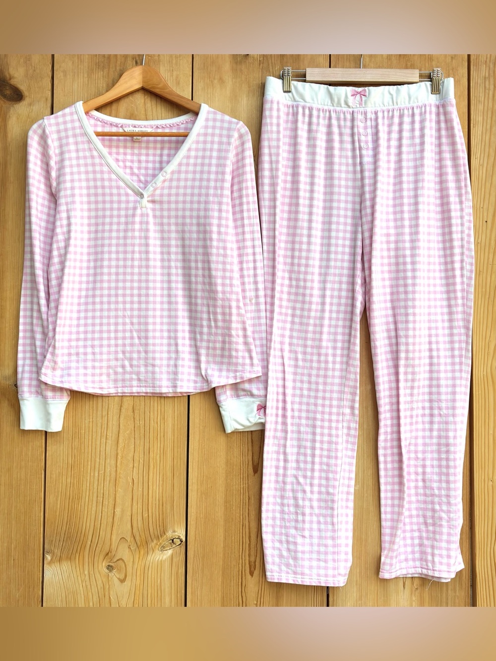 Laura Ashley Pink Check V-Neck Pajama Set Sz Large